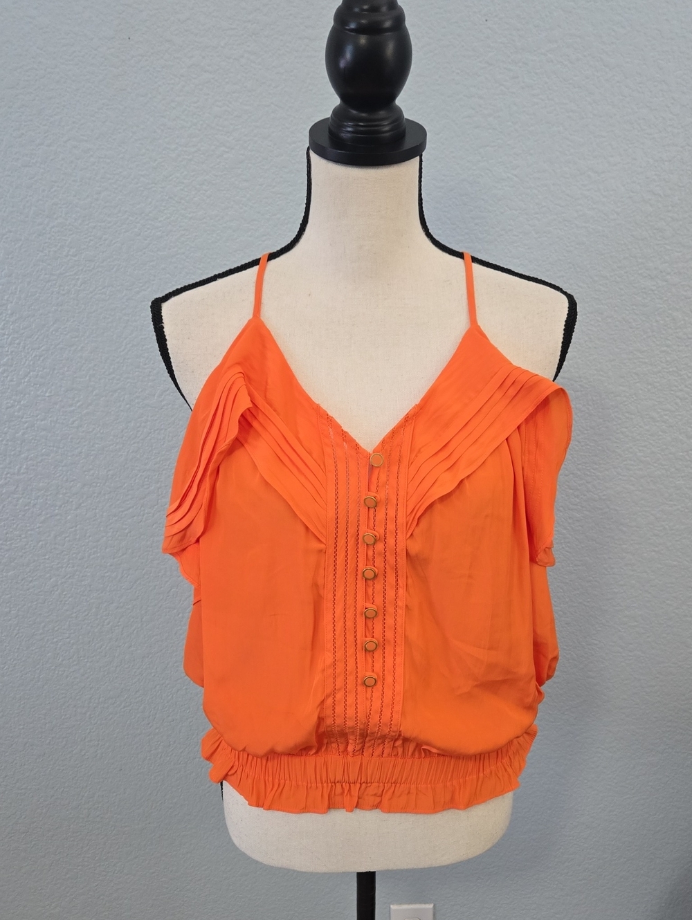 RAMY BROOK Orange Halter Spaghetti Strap Ruffles Button-Front Tank Sz MEDIUM